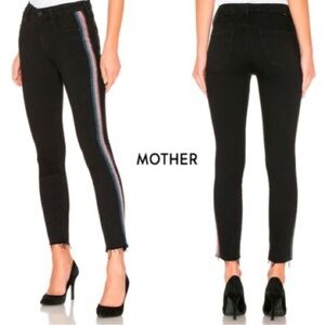 Mother High Waisted Looker Ankle Fray Black Guilty Glitter Racer Stripe Jeans 26